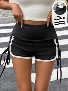 Muchica Women's Casual Contrast Color Trim Drawstring Shorts, Summer - Black - View 1