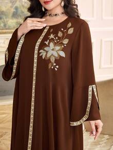 Al Najma Plus Size Women's Turkish Maxi Dress & Arabic Traditional Abaya Kaftan Jalabiya Dress - Coffee Brown - View 2