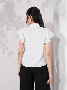 Feyla Blusa de cuello con cordón de malla en contraste de manga con volante - Blanco - Ver 3