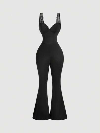 SHEIN MOD 女士纯色简约日常蕾丝拼接连体裤
