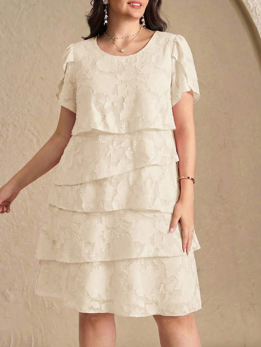 Reflora 大码优雅纯色镂空叠层连衣裙，夏季 - 杏色 - 查看 1