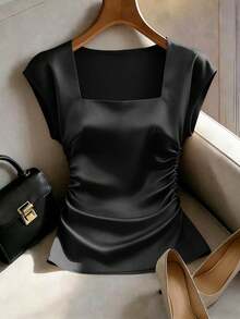 SHEIN Franclia Women's Elegant French Style Black Shirt,Half Sleeve Square Collar,Ruched Waist High-End Satin Fabric,Summer Office Casual Outfit,White - Black - View 5