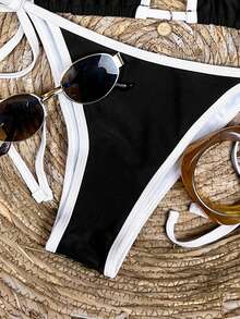 Swim Mod Women's Summer New Sexy Fashion Minimalist Bikini Set, Contrast Color Trim Pendant Tie Triangle Cup Separate Two Pieces Swimwear - Black - View 4
