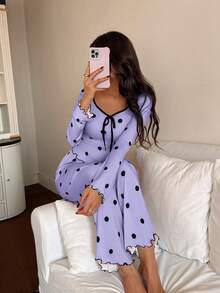 Napfluff Bộ đồ ngủ nữ dài tay và quần in họa tiết chấm bi, kiểu dáng thường ngày. - Màu tím - Xem 6