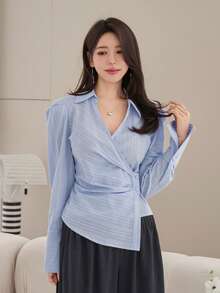 DAZY Women's Casual Striped Asymmetric Blouse For Spring Summer - Blue - View 3