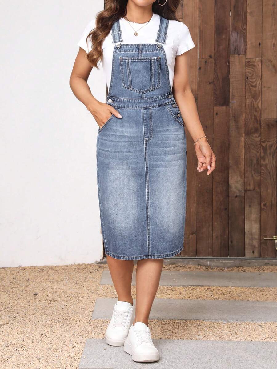 EMERY ROSE Plus Size Solid Color Minimalist Casual Denim Dress - Blue - View 1
