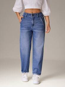 SHEIN PETITE 女士休闲日常口袋纽扣牛仔裤 - 藍色 - 查看 7