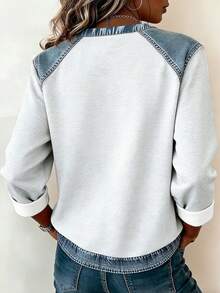 EMERY ROSE Women's Spring Casual Long Sleeve T-Shirt, Faux Denim Color, Minimalist Letter Print Pattern, Chic Style, Graphic Design, Elegant, Versatile, Daily Wear, Outdoor, Shopping, Travel - Multicolor - View 2