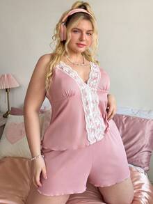 Slumberry CURVE Sweet INS Contrast Color Lace Bow Knit Ribbed Camisole Shorts Pajama Set, Plus Size Lounge Pink Summer - Pink - View 4