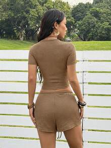 SHEIN EZwear Bộ đồ mặc nhà dệt kim màu kaki thoải mái dành cho nữ - Màu Khaki - Xem 3