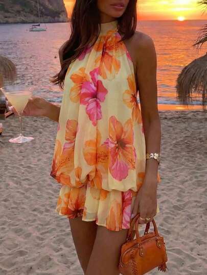 Aloruh Women's Summer Vacation Floral Print Halter Backless Mini Dress