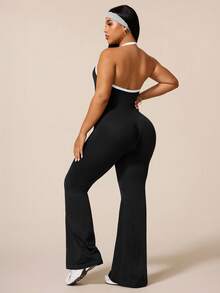 Rhythm Era Plus Size Women's Sleeveless Backless Jumpsuit, Seamless Sports Yoga Casual Flare Pants - Black and White - View 2