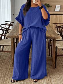 EMERY ROSE Plus Size Casual Solid Color Shirt And Pants 2 Pieces Set - Royal Blue - View 1