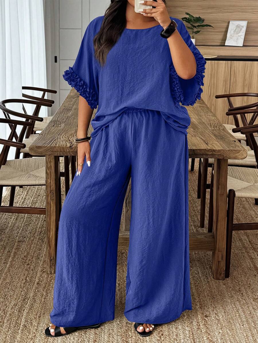 EMERY ROSE Plus Size Casual Solid Color Shirt And Pants 2 Pieces Set - Royal Blue - View 1
