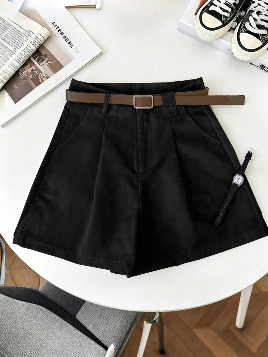 Suri Mira Quần short nữ thường ngày đa năng, quần short ống rộng màu trắng dành cho nữ đi học đại học - màu đen - Xem 1