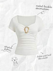 Franclia Women's Spring/Summer New Apricot Cinched Waist Raglan Sleeve Wide Collar Metal Buckle Decor Casual Commute Vacation Date Top Tee - White - View 3