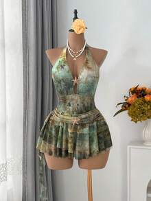 Vaytide 女士连体泳衣，荷叶边网纱裙摆，性感迷人，适合海滩度假、派对、约会 - 彩色 - 查看 3