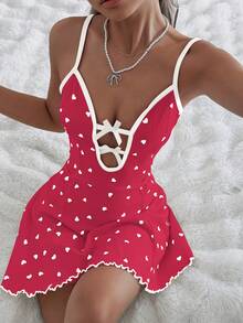 CottageSlumber Red Heart & Bow Ribbed Knit Sexy Spaghetti Strap Nightgown With Frill Trim For Ladies - Hot Pink - View 8