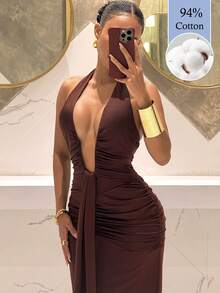 SHEIN Slayr 2025新款优雅深V领美人鱼连衣裙，适合派对、生日、酒吧、夜店、情人节、万圣节、圣诞节等场合 - 棕色 - 棕色 - 查看 5