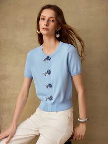 MOTF PREMIUM DELICATE COMMUTING & DATING KNIT TOP WITH 3D FLORAL RHINESTONE DECOR, WAIST CINCHING, CROPPED FIT, ROUND NECK SHORT SLEEVE, LIGHT BLUE, SUITABLE FOR SPRING/SUMMER - Baby Blue - View 7