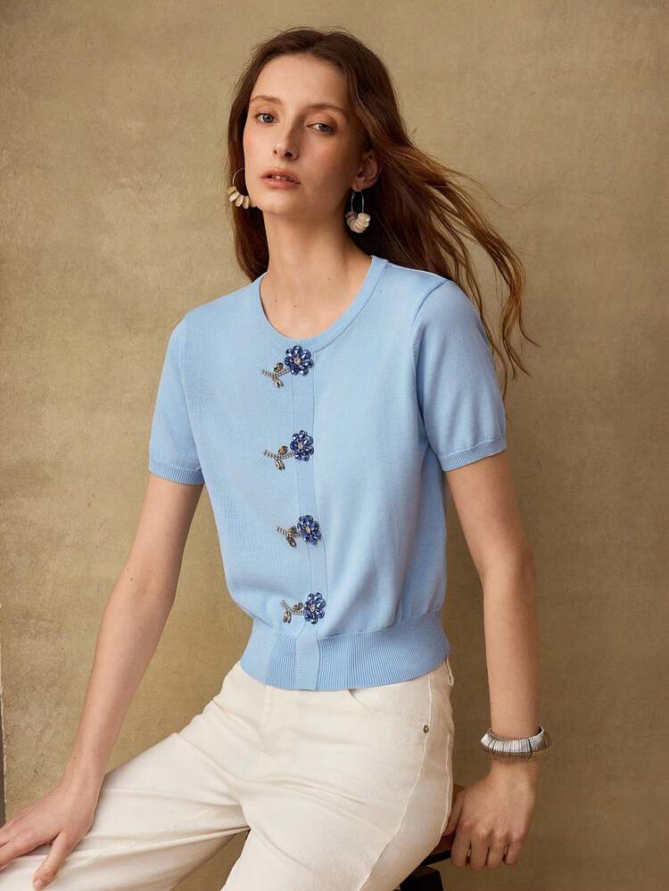 DELICATE COMMUTING & DATING KNIT TOP WITH 3D FLORAL RHINESTONE DECOR, WAIST CINCHING, CROPPED FIT, ROUND NECK SHORT SLEEVE, LIGHT BLUE, SUITABLE FOR SPRING/SUMMER