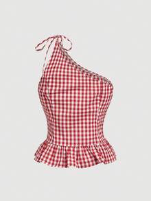 SHEIN MOD 女士系带肩部格子荷叶边时尚夏季衬衫 - 紅白色 - 查看 2