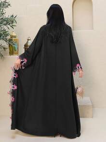 Al Najma 女士优雅端庄撞色蕾丝贴花喇叭袖宽松阿拉伯长袍 - 黑色 - 查看 3