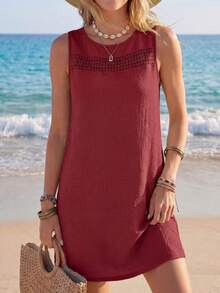 EMERY ROSE Vestido de tirantes casual de unicolor de verano con cuello redondo y encaje de contraste para mujer - Burdeos - Ver 1