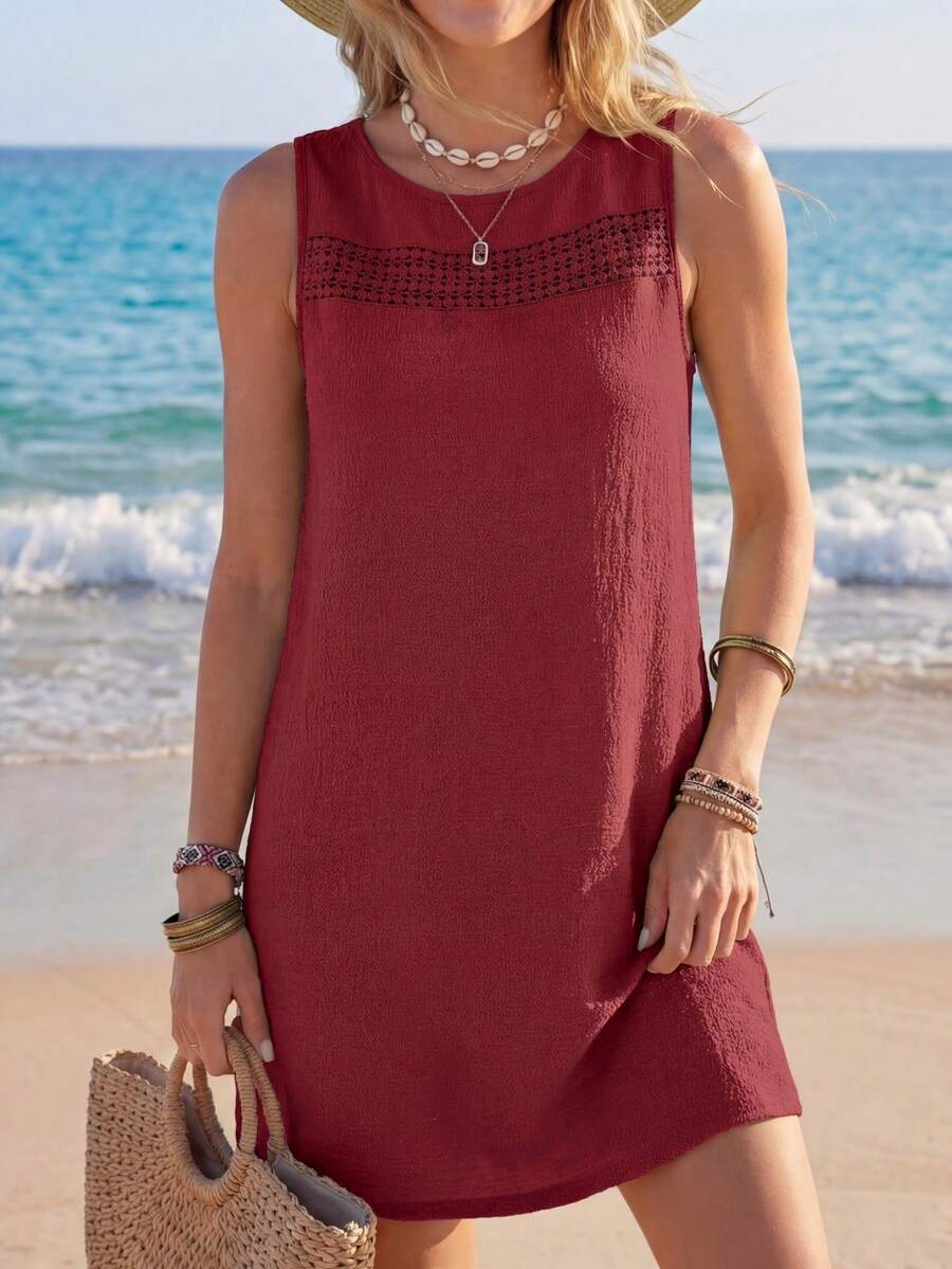 EMERY ROSE Vestido de tirantes casual de unicolor de verano con cuello redondo y encaje de contraste para mujer - Burdeos - Ver 1