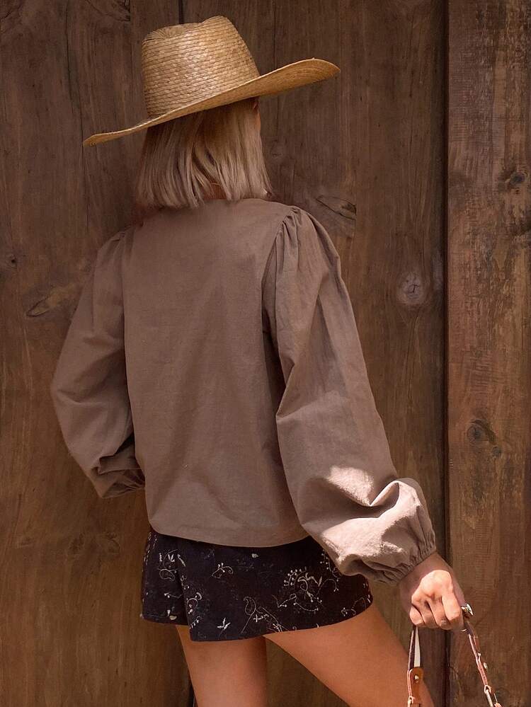 Embroidered Hollow Lace-Up Loose Long Sleeve Pullover Elegant Summer Blouse For Women