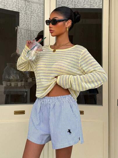 Muchica Casual Minimalist Sports Street Versatile Party Airport Outfit, Yellow Striped Collegiate Print Pattern, Music Festival Outfit, Women's Summer Outfit, Asymmetric Neck Women's T-Shirt