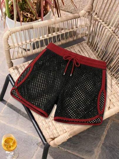 Manfinity Swimmode Men's Contrast Color Hollow Out Breathable Minimalist Shorts Summeroutfit Crochet Shorts Men Japanese Design Men Beach Shorts Knit Two Pieces Set Men Shorts Comfy Beach Shorts For Men Summer Shorts For Women Knitted Shorts Ribbed Shorts Shorts For Men Casual Women's Shorts Summer Holiday / Vacation / Beach / Hawaii / Tropical / Swim /  Bathing Black Cover Up Shorts Fish Net Shorts Workout Sets Women Short