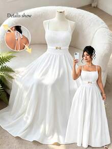 Celure Elegant Plus Size White Engagement Wedding Dress With Halter Neck Sleeveless Long Flared Design And Gold Button Detail - White - View 1