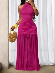 SHEIN BamGlam 女士百搭褶裥露背系带优雅连衣裙 - 玫紅色 - 查看 1