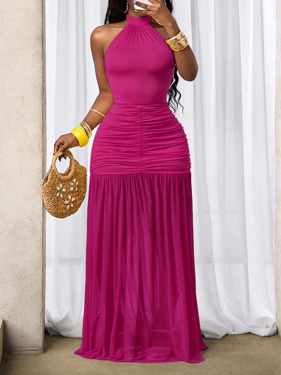 SHEIN BamGlam 女士百搭褶裥露背系带优雅连衣裙 - 玫紅色 - 查看 1