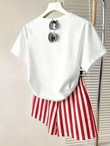 Resyla 女士两件套，短袖宽松上衣，舒适宽松短裤，蜜桃图案套装，夏季畅销款 - 彩色 - 查看 2