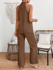 Breezaya Solid Color Mandarin Collar Sleeveless Pleated Minimalist Design Elegant Summer 2 Pieces Set 2 Piece Set - Mocha Brown - View 2