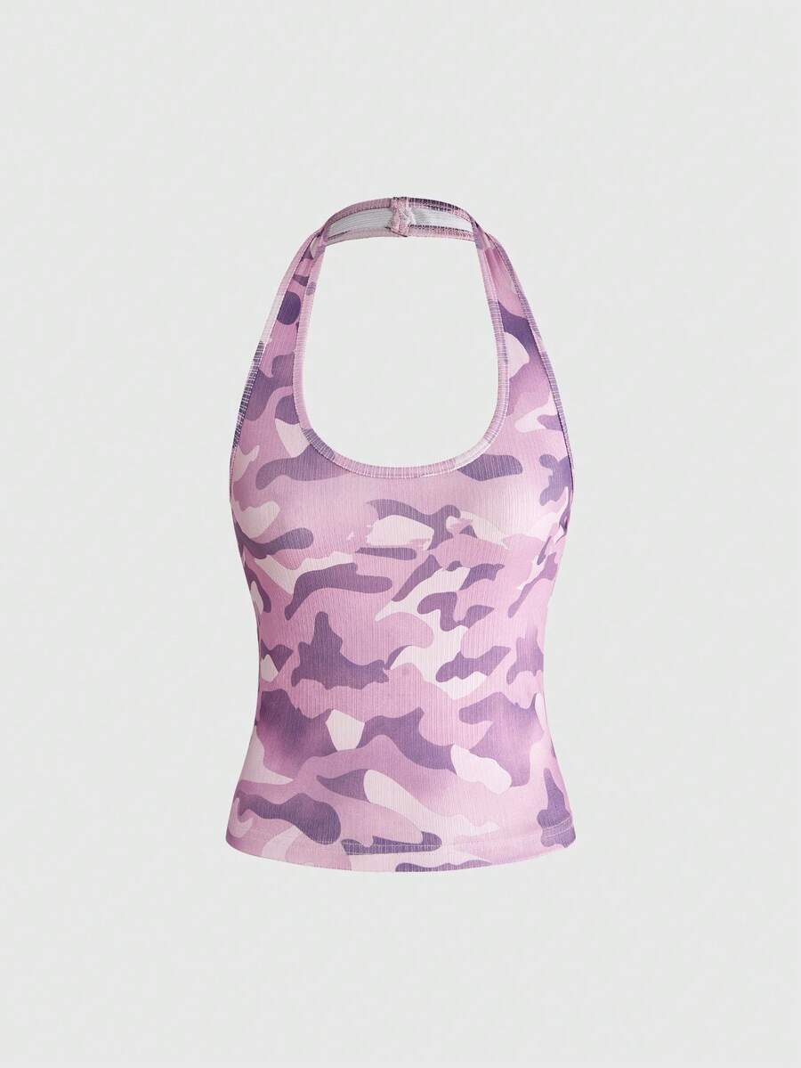 ROMWE Y2K Casual Baddie Pink Camouflage Halter Backless Camisole - Pink - View 1