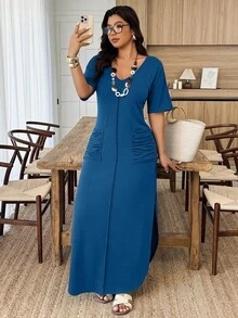 Weeklong Plus Size Women V-Neck Striped Dual Pocket Ruched Slit Hem Casual Knit Dress, Spring/Summer - Teal Blue - View 7