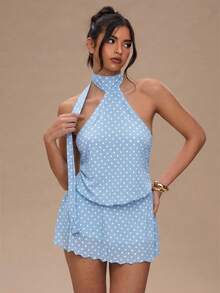 SHEIN BAE Abito estivo da donna sexy, mini, con stampa a pois, senza schienale e con collo a canottiera - celeste - Visualizzare 4