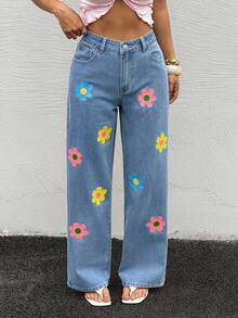 Quần jean denim in họa tiết thường ngày dành cho nữ - Màu xanh lam - Xem 7