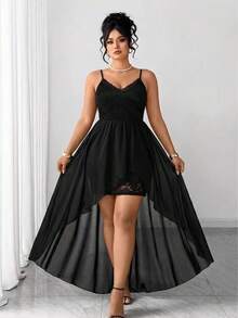 Elenzga Vestido de encaje y gasa hasta la rodilla sin mangas y elegante para mujer de talla grande - Negro - Ver 3