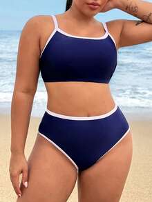 Swim SPRTY Conjunto de bikini de 2 piezas para mujer de talla grande, con recorte de contraste, para verano y vacaciones en la playa, bikini de cintura alta 2026 - Azul y blanco - Ver 3