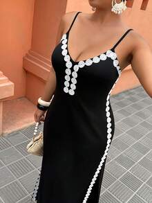 Weeklong Plus Size Women's V-Neck Hollow Lace Trim Side Slit Straight Elegant Vacation & Date Sleeveless Dress - Black - View 6