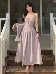 DAZY 女士蕾丝吊带背心和开衫两件套长裙，休闲度假风女式连衣裙 - 淺粉色 - 查看 2