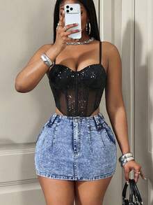 Slaydiva Minifalda vaquera casual y versátil para uso diario de mujer - Lavado ligero - Ver 1
