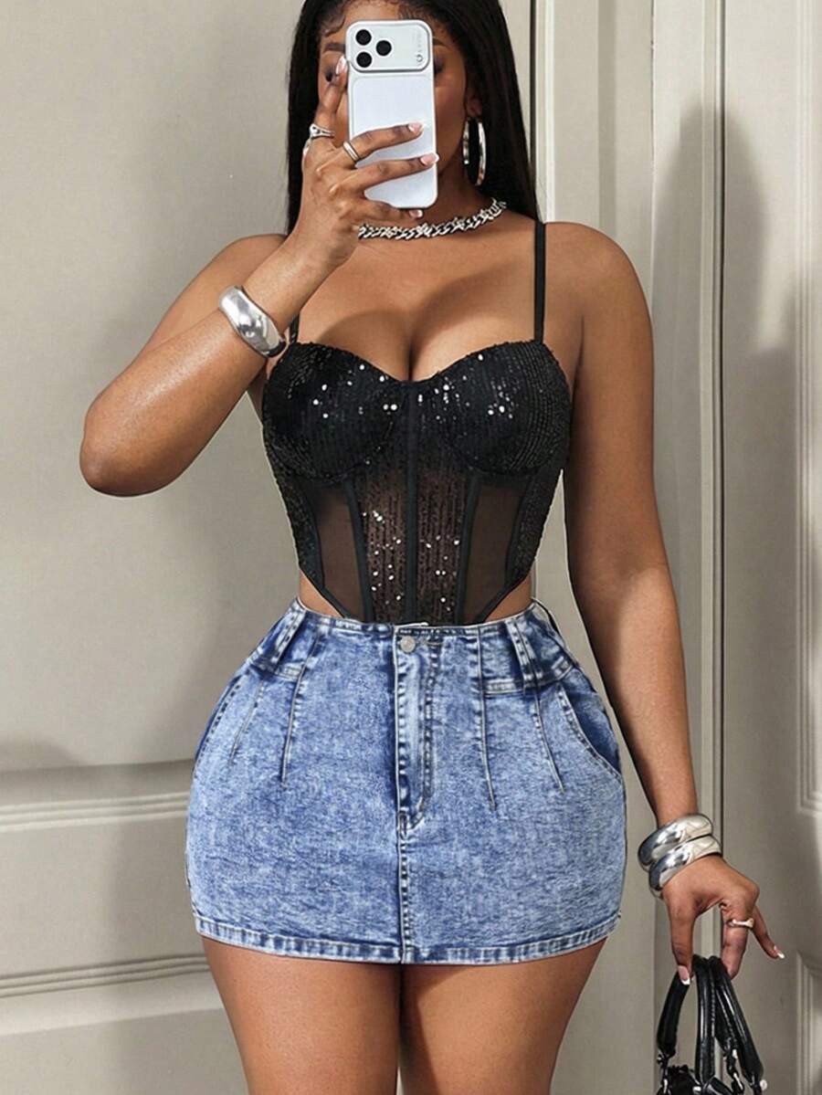 Slaydiva Minifalda vaquera casual y versátil para uso diario de mujer - Lavado ligero - Ver 1
