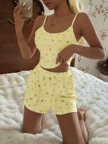 CottageSlumber 2pcs Ditsy Floral Camisole And Shorts Pajama Set, Sweet And Comfortable For Summer - Yellow - View 7