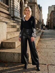 CAJUNI Casual & Commute Plant Print Flare Sleeve T-Shirt, Long Sleeve Tops For Ladies - Black - View 6