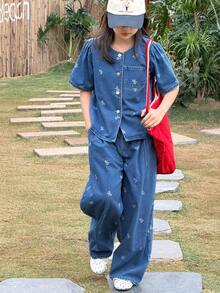 DAZY 两件套少女泡泡印花短袖牛仔上衣和牛仔裤套装，秋夏季 - 藍色 - 查看 4
